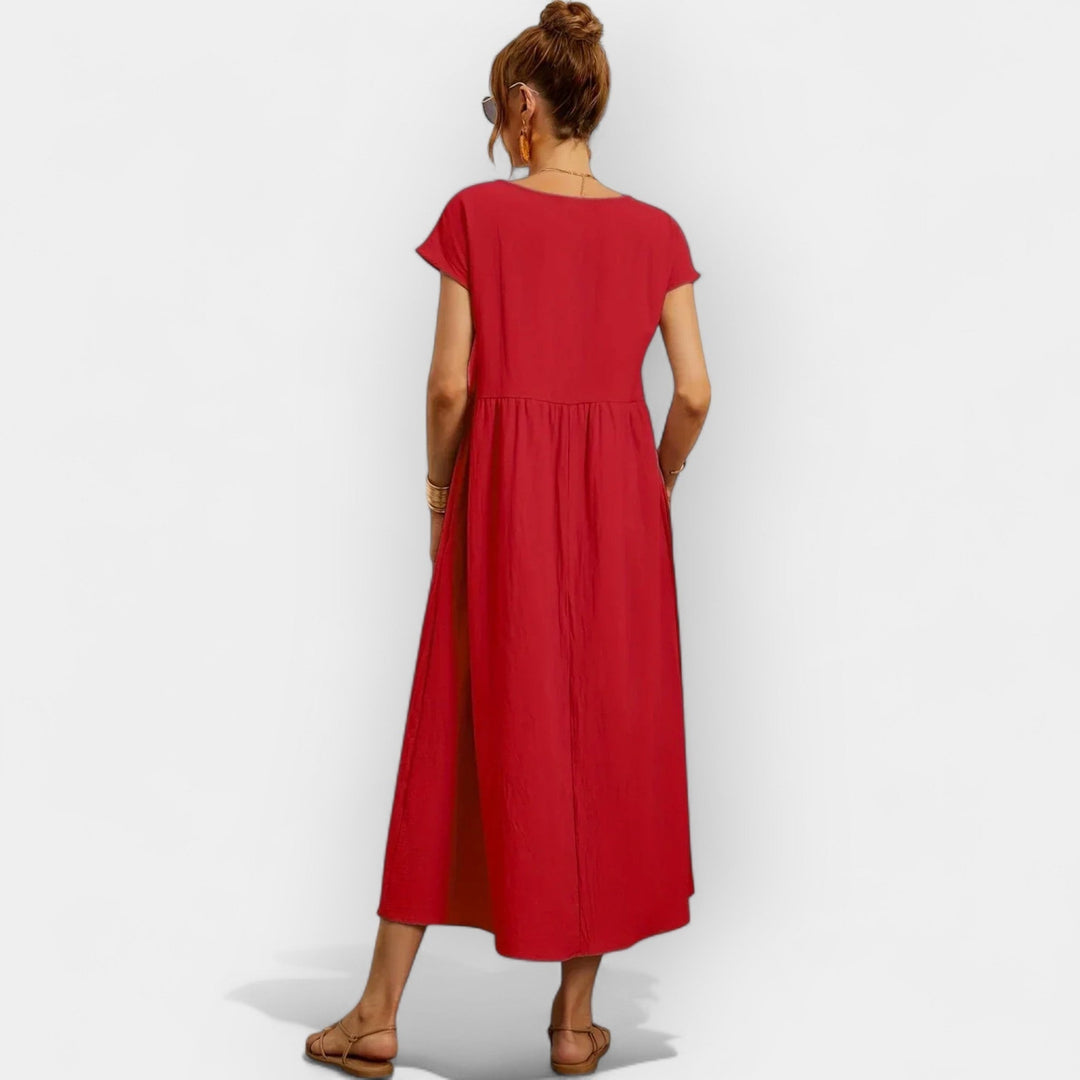 Rosalie | Women's Linen Midi Dress Short Sleeve with Pockets