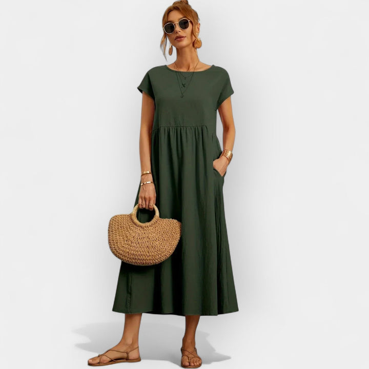 Rosalie | Women's Linen Midi Dress Short Sleeve with Pockets