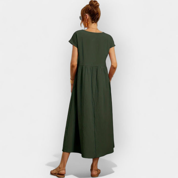 Rosalie | Women's Linen Midi Dress Short Sleeve with Pockets