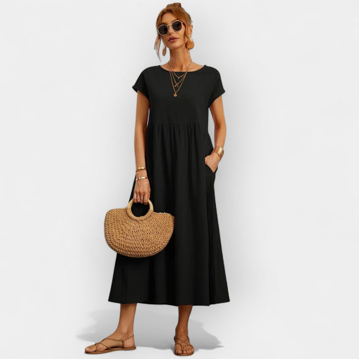 Rosalie | Women's Linen Midi Dress Short Sleeve with Pockets
