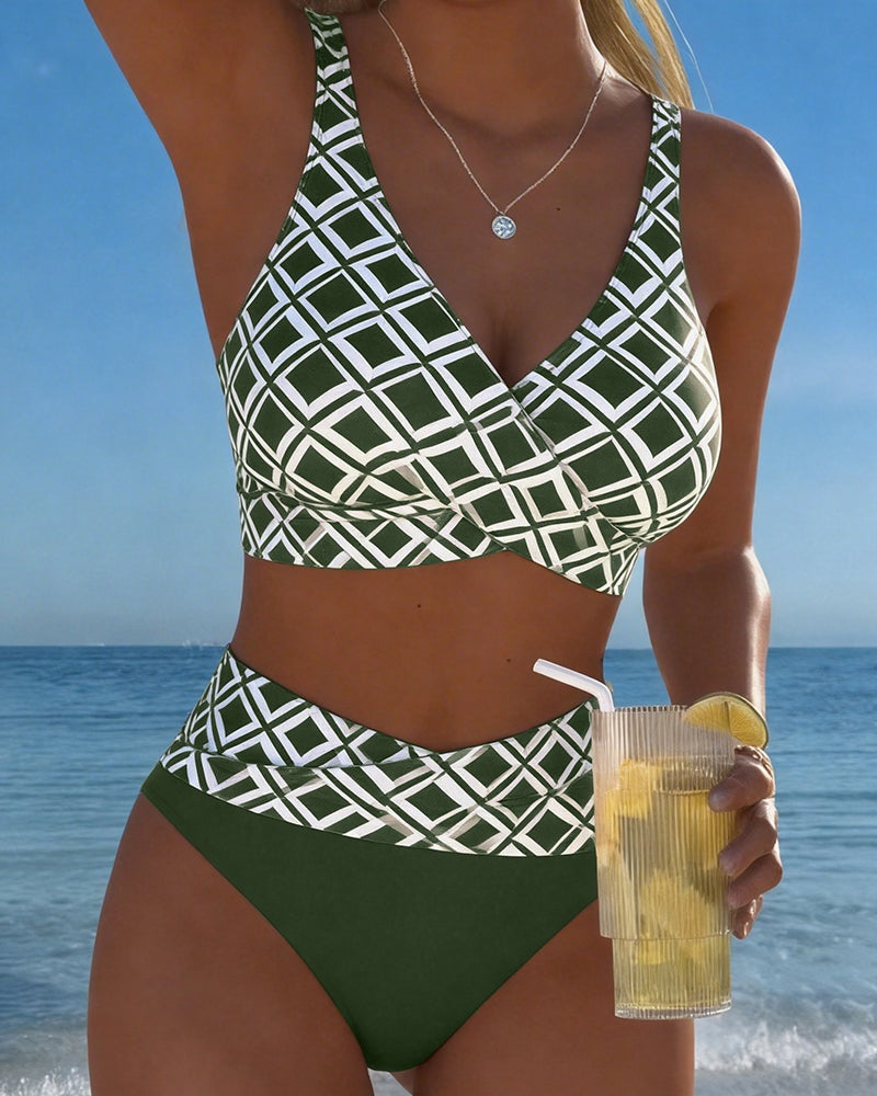 Ruby | Women's Bikini Set Geometric Print Wrap Top High Waisted Bottoms