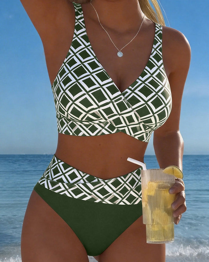 Ruby | Women's Bikini Set Geometric Print Wrap Top High Waisted Bottoms