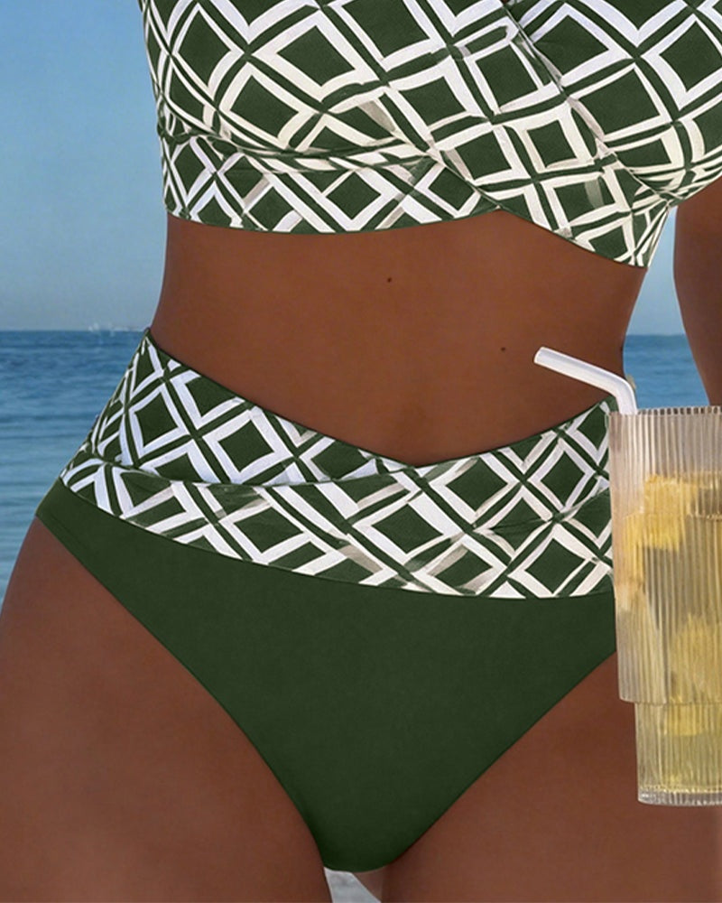 Ruby | Women's Bikini Set Geometric Print Wrap Top High Waisted Bottoms