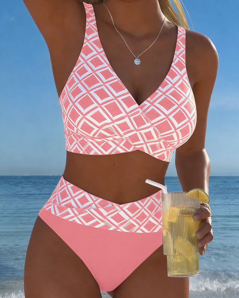 Ruby | Women's Bikini Set Geometric Print Wrap Top High Waisted Bottoms