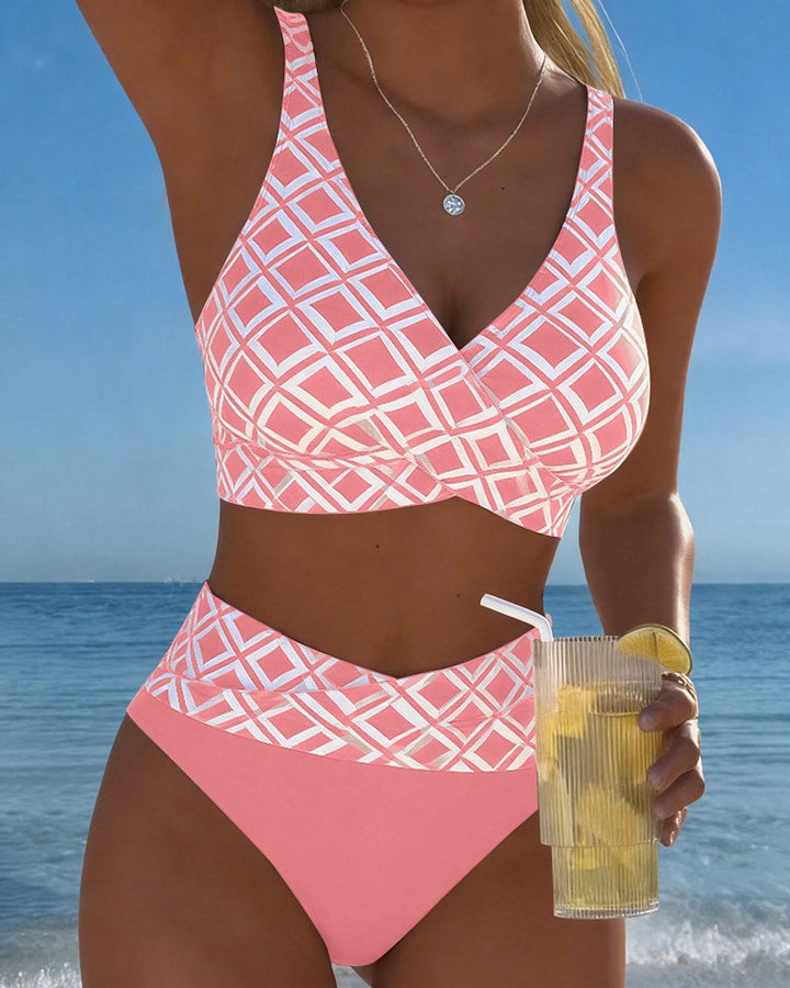 Ruby | Women's Bikini Set Geometric Print Wrap Top High Waisted Bottoms