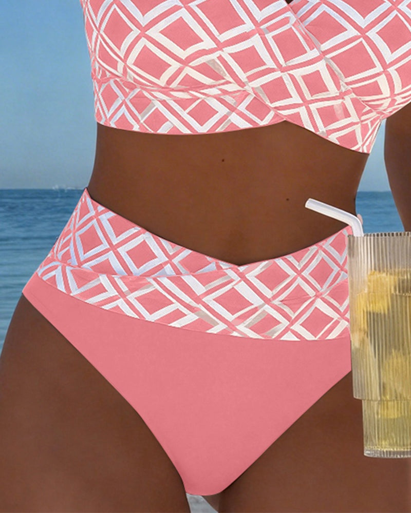 Ruby | Women's Bikini Set Geometric Print Wrap Top High Waisted Bottoms