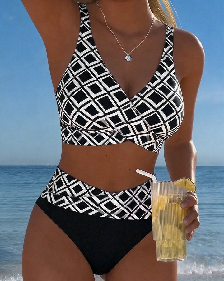 Ruby | Women's Bikini Set Geometric Print Wrap Top High Waisted Bottoms