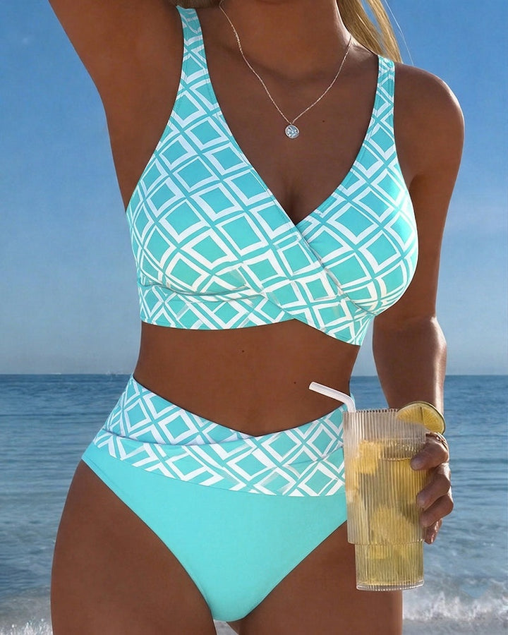 Ruby | Women's Bikini Set Geometric Print Wrap Top High Waisted Bottoms