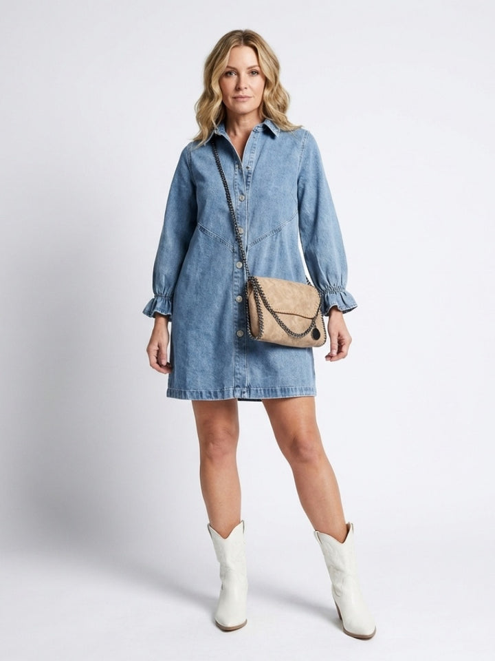 Sienna | Women's Denim Shirt Dress Long Sleeve with Button Front