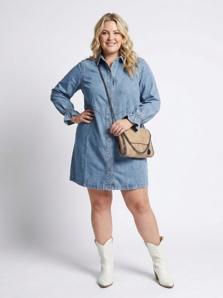 Sienna | Women's Denim Shirt Dress Long Sleeve with Button Front
