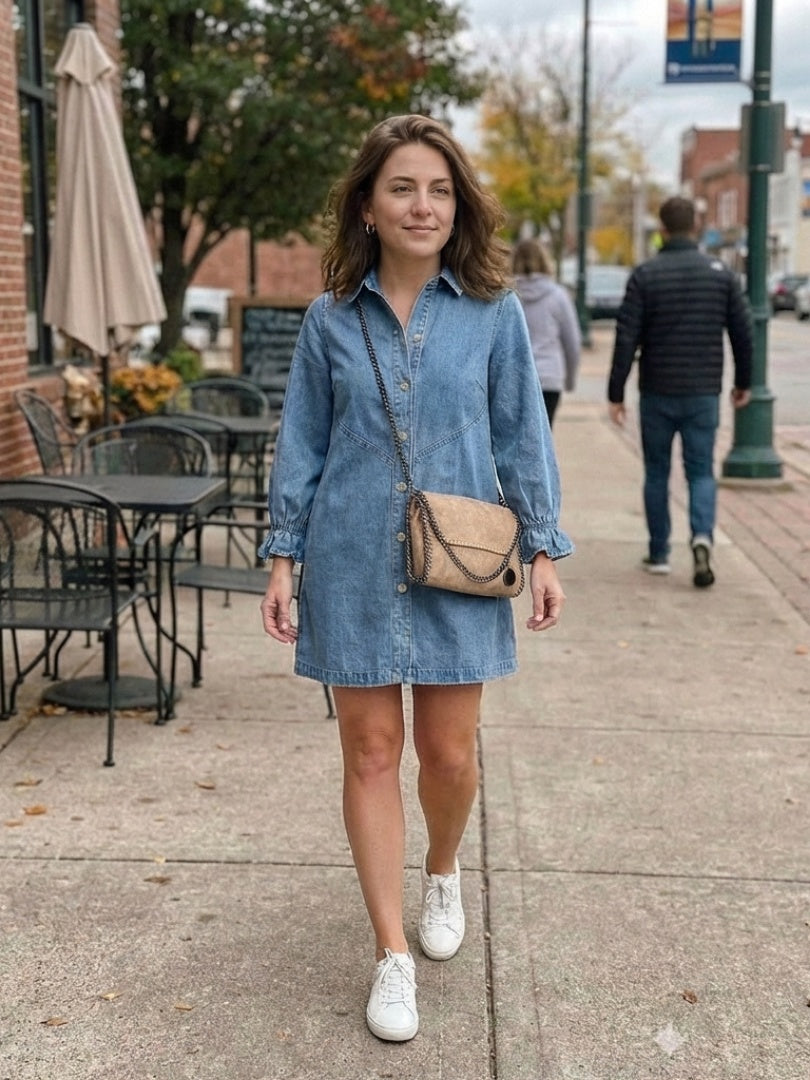 Sienna | Women's Denim Shirt Dress Long Sleeve with Button Front