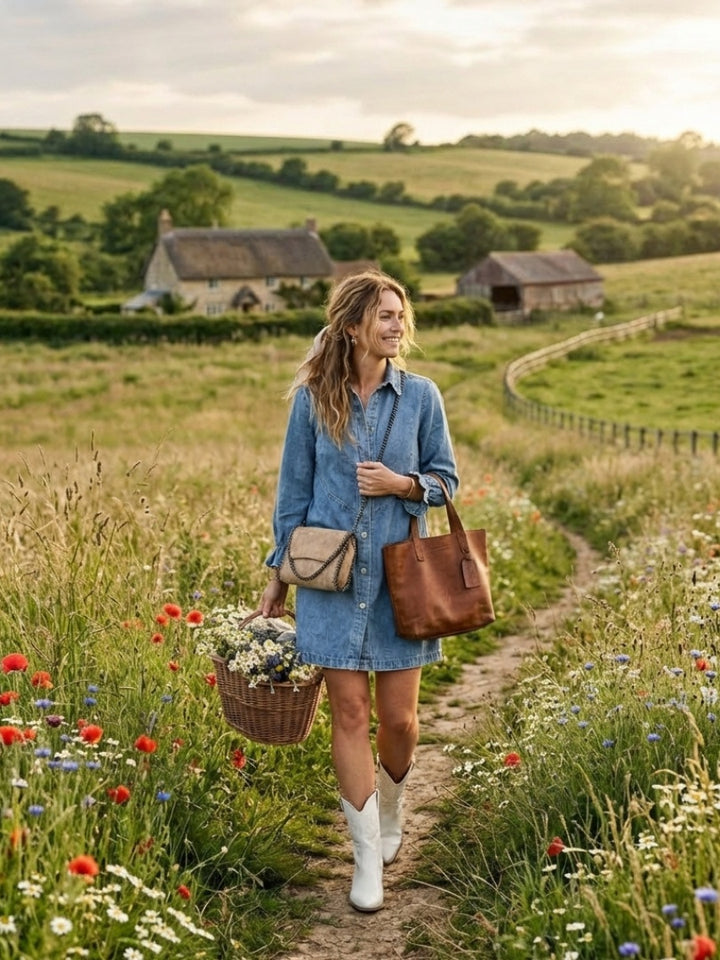 Sienna | Women's Denim Shirt Dress Long Sleeve with Button Front