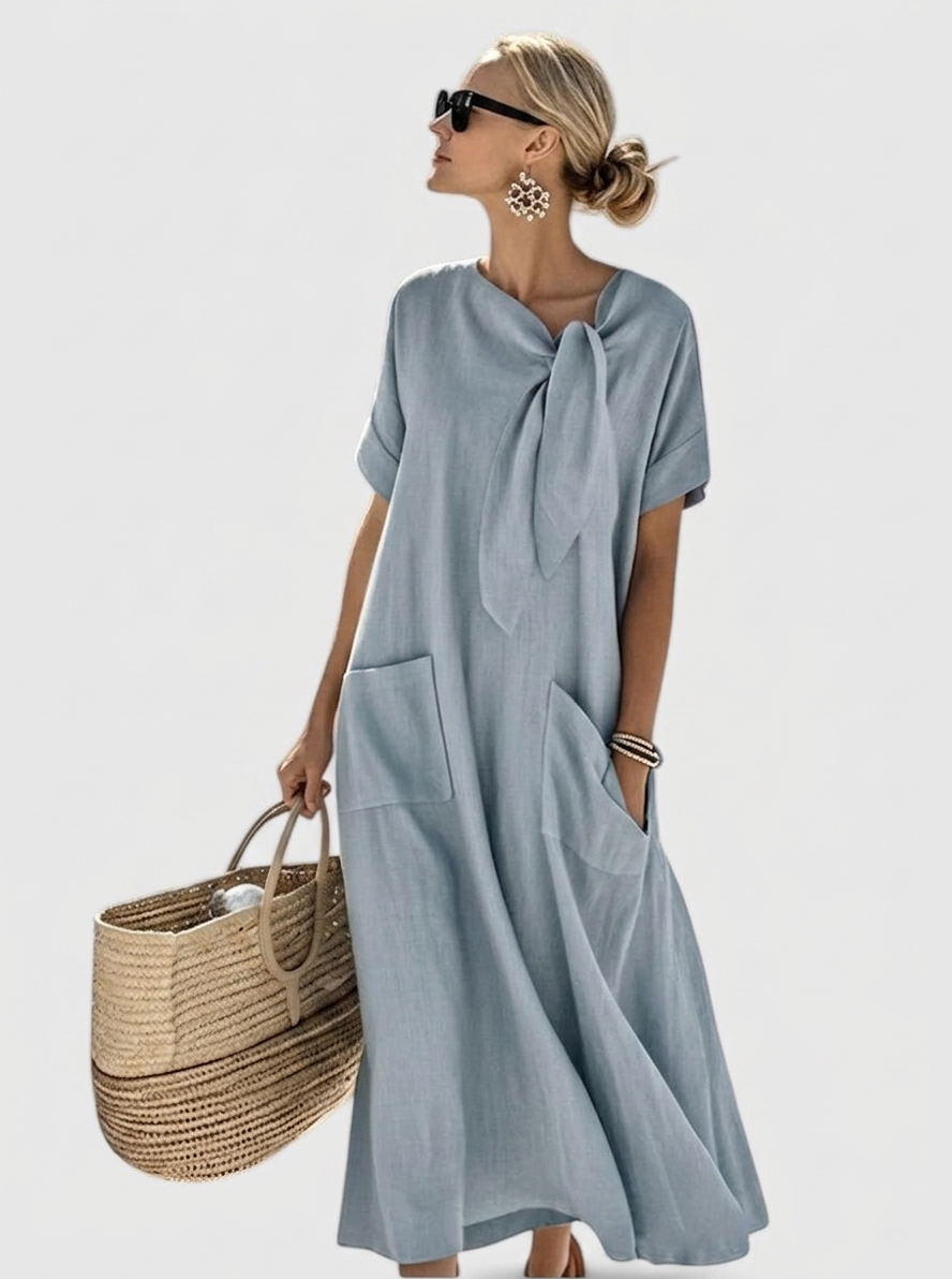 Sienna | Women's Linen Maxi Dress with Tie Neck and Pockets