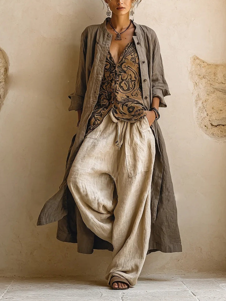 Sienna | Women's Linen Set with Cardigan, Printed Top and Wide Leg Pants