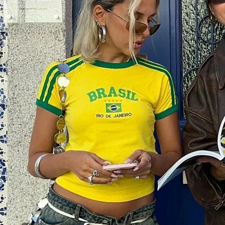 Skylar | Women's Cropped Baby Tee T Shirt with Brasil Embroidery