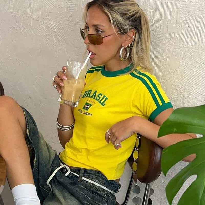 Skylar | Women's Cropped Baby Tee T Shirt with Brasil Embroidery