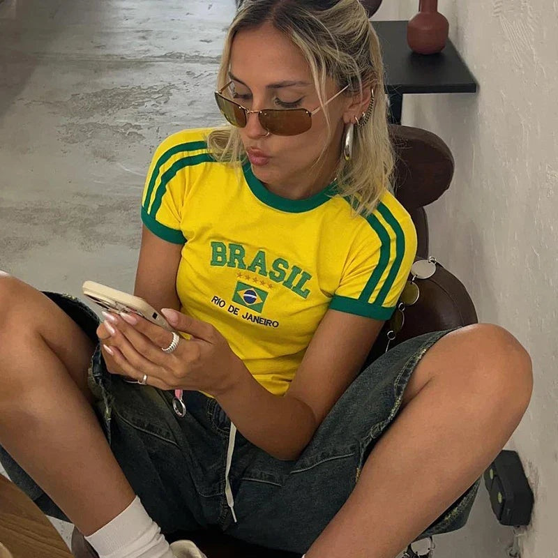 Skylar | Women's Cropped Baby Tee T Shirt with Brasil Embroidery