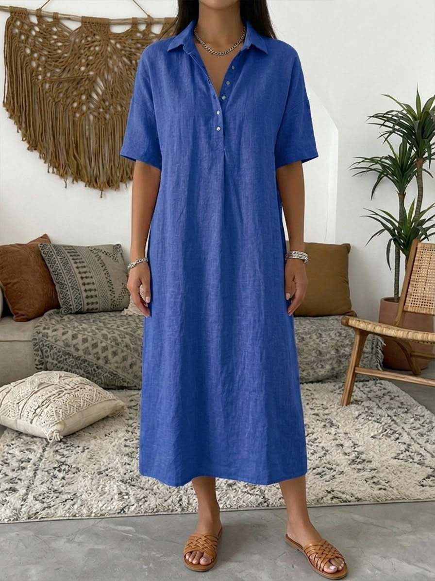 Sophia | Women's Linen Shirt Dress Midi Short Sleeve