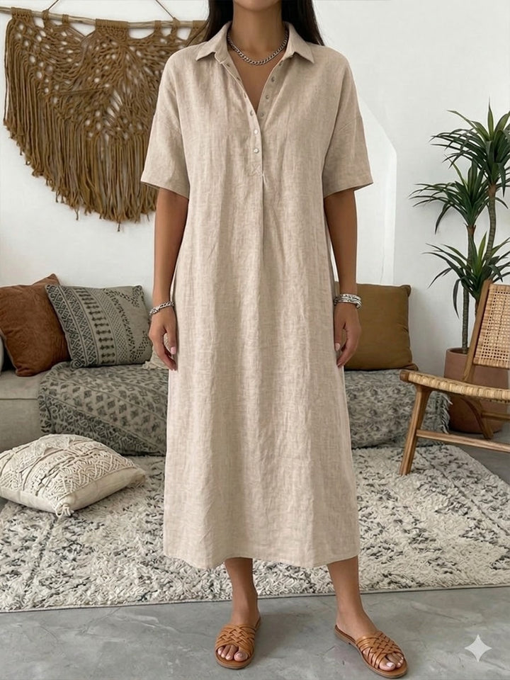 Sophia | Women's Linen Shirt Dress Midi Short Sleeve