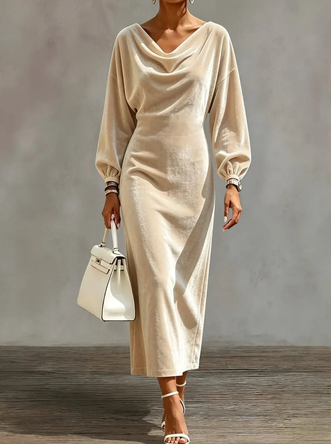 Victoria | Women's Cocktail Midi Dress Cowl Neck Long Sleeve