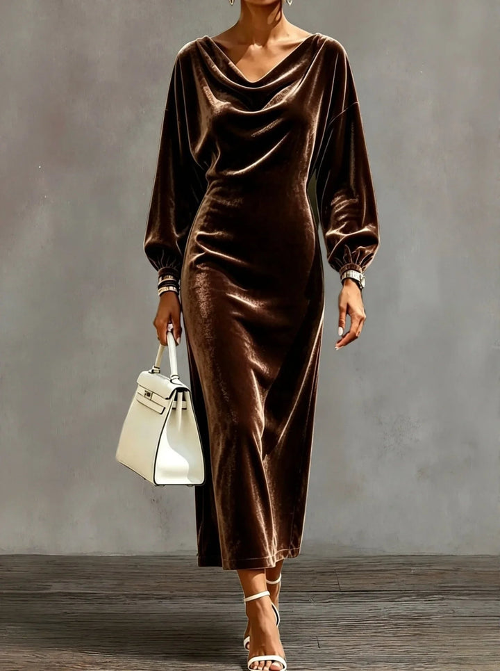 Victoria | Women's Cocktail Midi Dress Cowl Neck Long Sleeve
