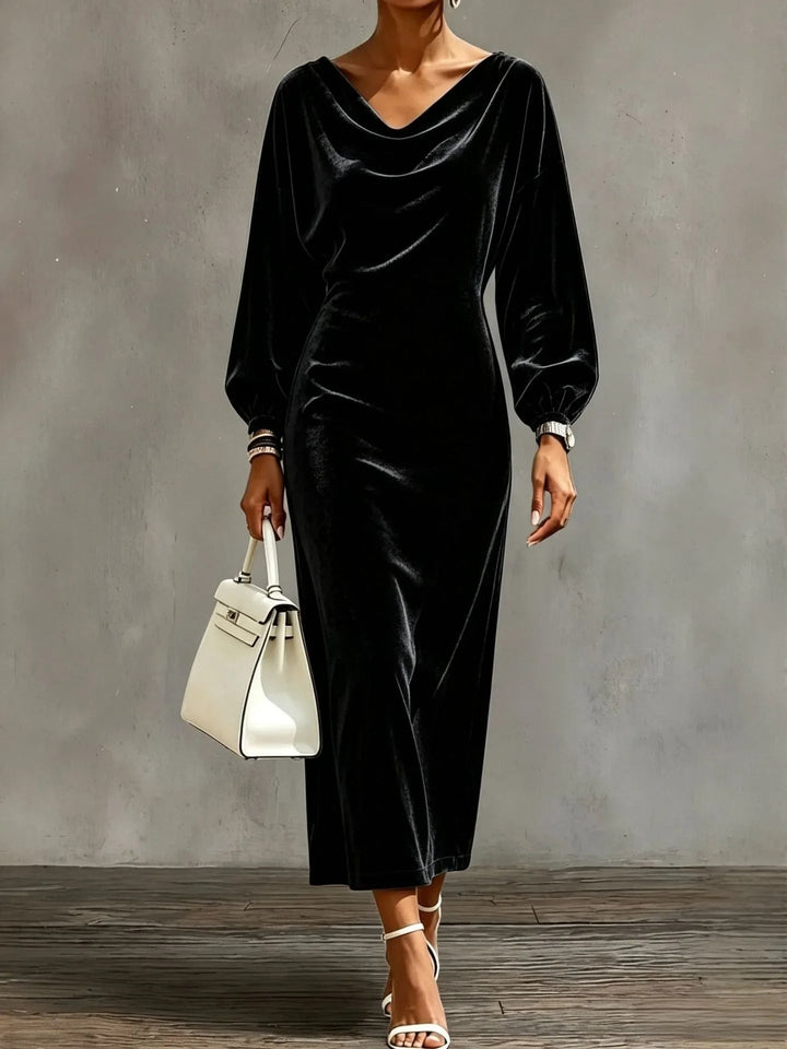Victoria | Women's Cocktail Midi Dress Cowl Neck Long Sleeve