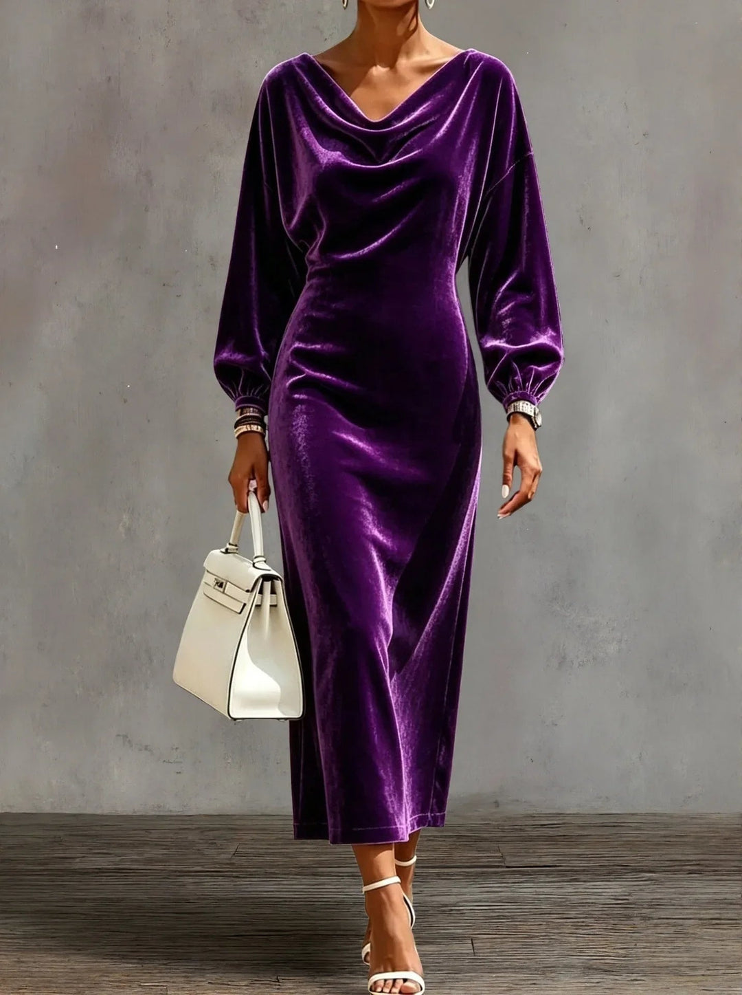 Victoria | Women's Cocktail Midi Dress Cowl Neck Long Sleeve