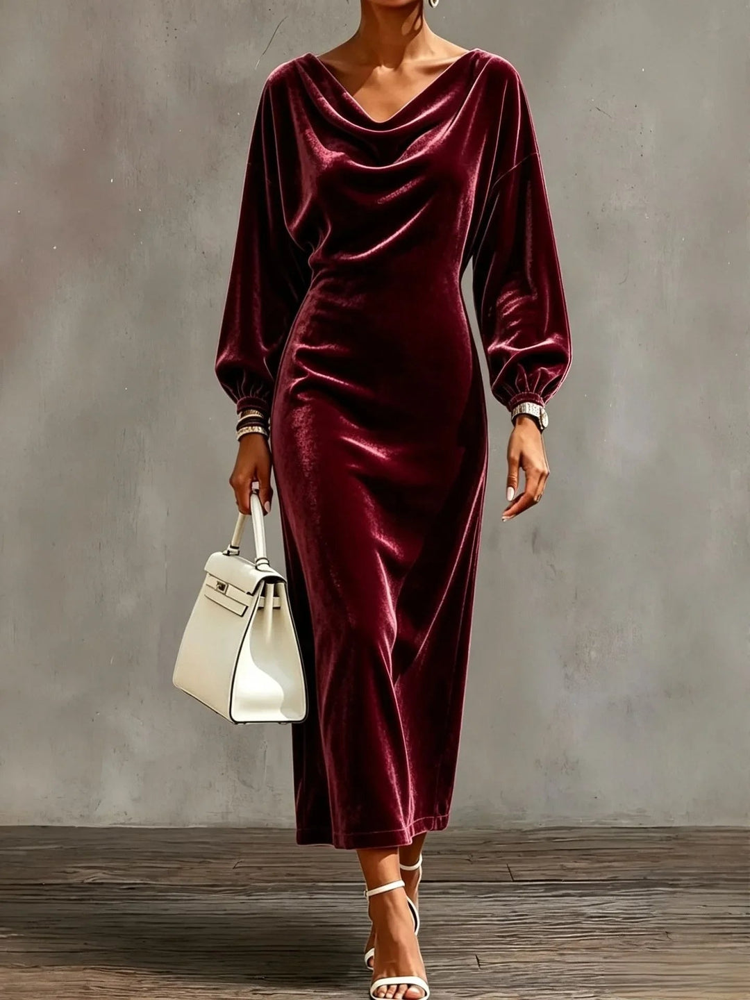 Victoria | Women's Cocktail Midi Dress Cowl Neck Long Sleeve