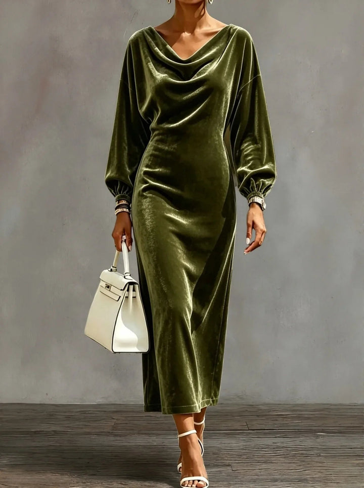 Victoria | Women's Cocktail Midi Dress Cowl Neck Long Sleeve