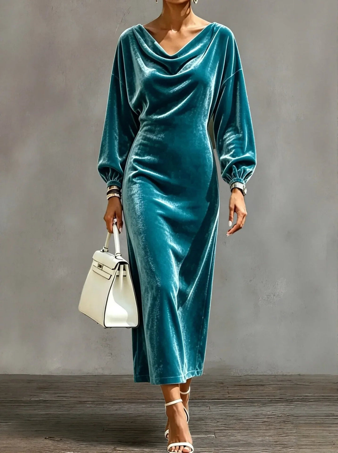 Victoria | Women's Cocktail Midi Dress Cowl Neck Long Sleeve