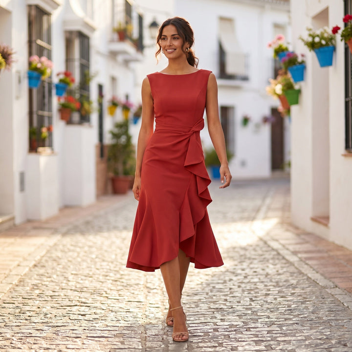 Violet | Women's Midi Cocktail Dress Sleeveless with Ruffle