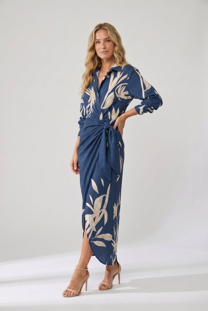 Zoe | Women's Floral Maxi Shirt Dress Wrap Style Long Sleeve
