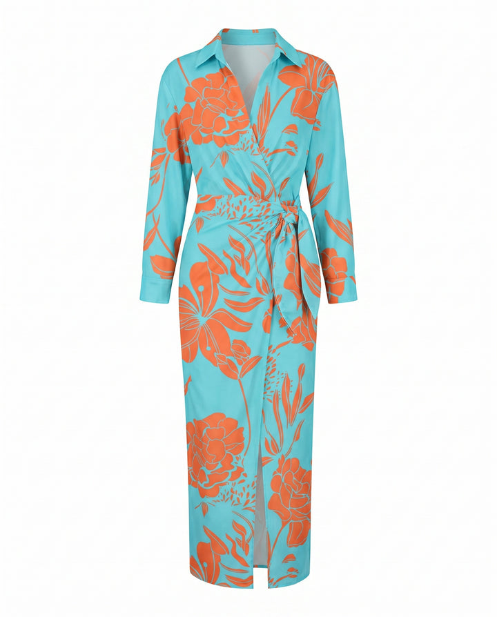 Zoe | Women's Floral Maxi Shirt Dress Wrap Style Long Sleeve