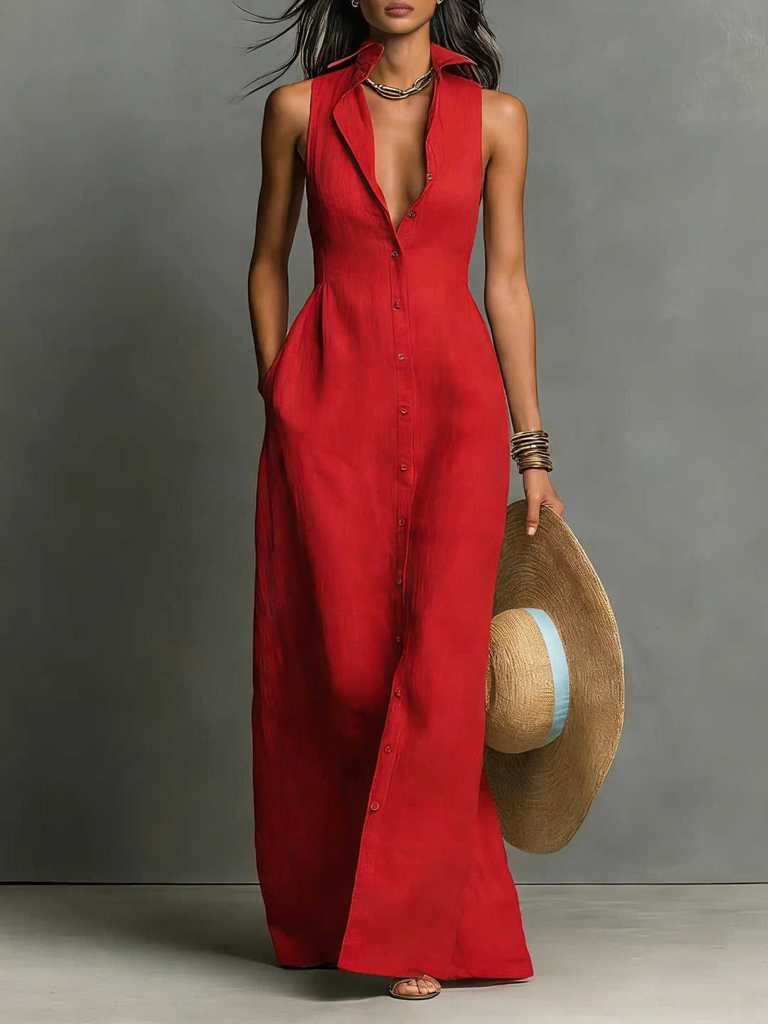 Zoe | Women's Sleeveless Linen Dress Button-Front Maxi Shirt Dress