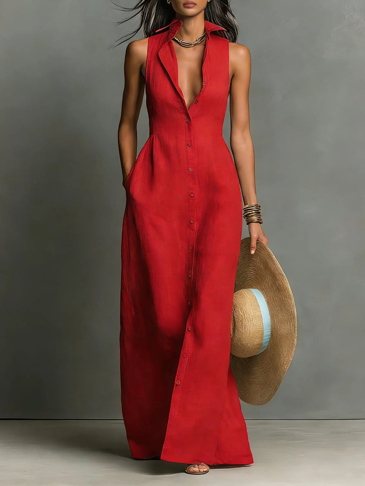 Zoe | Women's Sleeveless Linen Dress Button-Front Maxi Shirt Dress