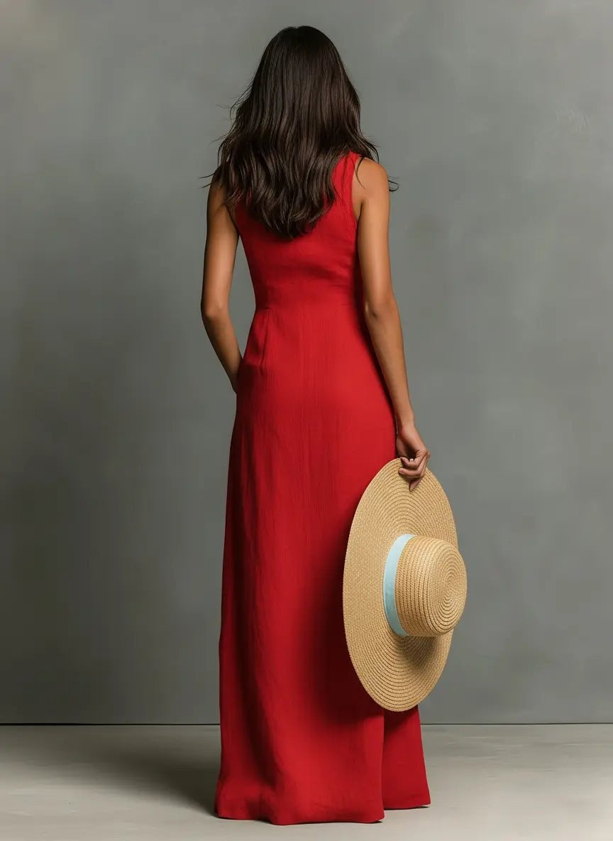Zoe | Women's Sleeveless Linen Dress Button-Front Maxi Shirt Dress