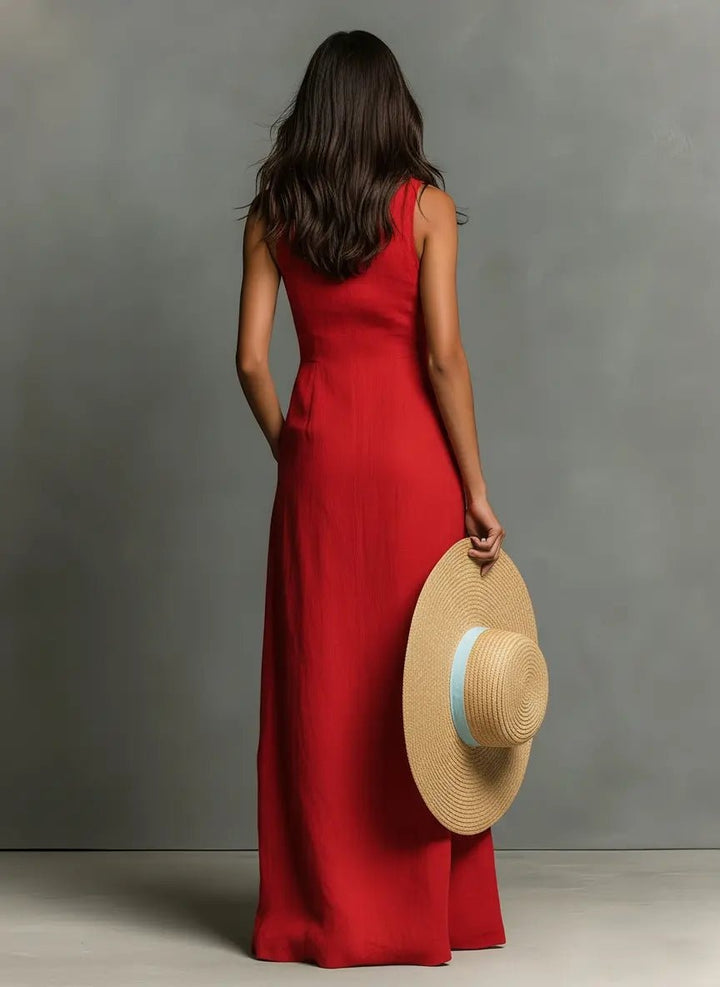 Zoe | Women's Sleeveless Linen Dress Button-Front Maxi Shirt Dress
