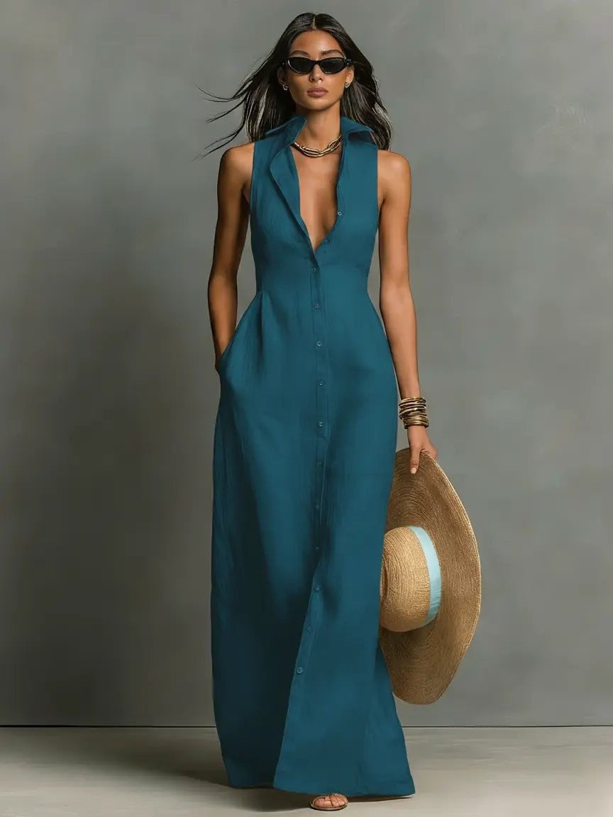 Zoe | Women's Sleeveless Linen Dress Button-Front Maxi Shirt Dress