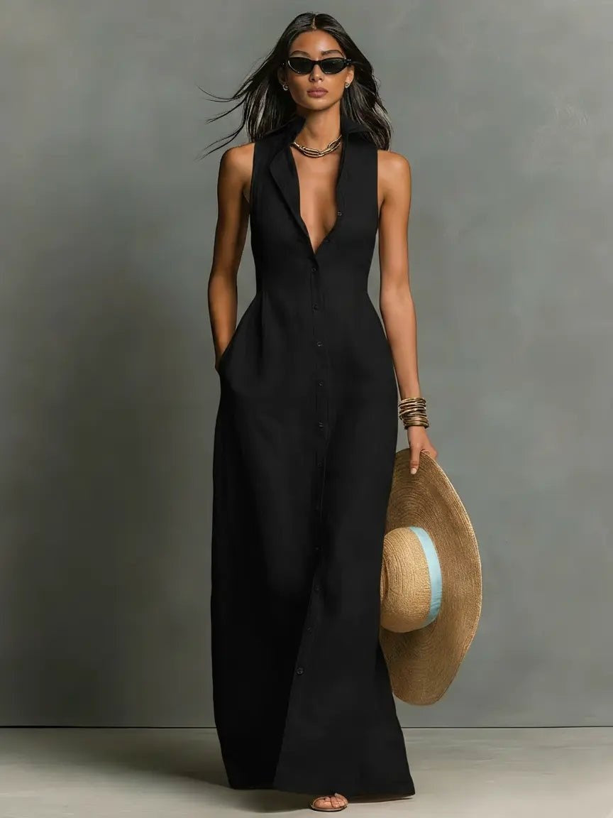 Zoe | Women's Sleeveless Linen Dress Button-Front Maxi Shirt Dress