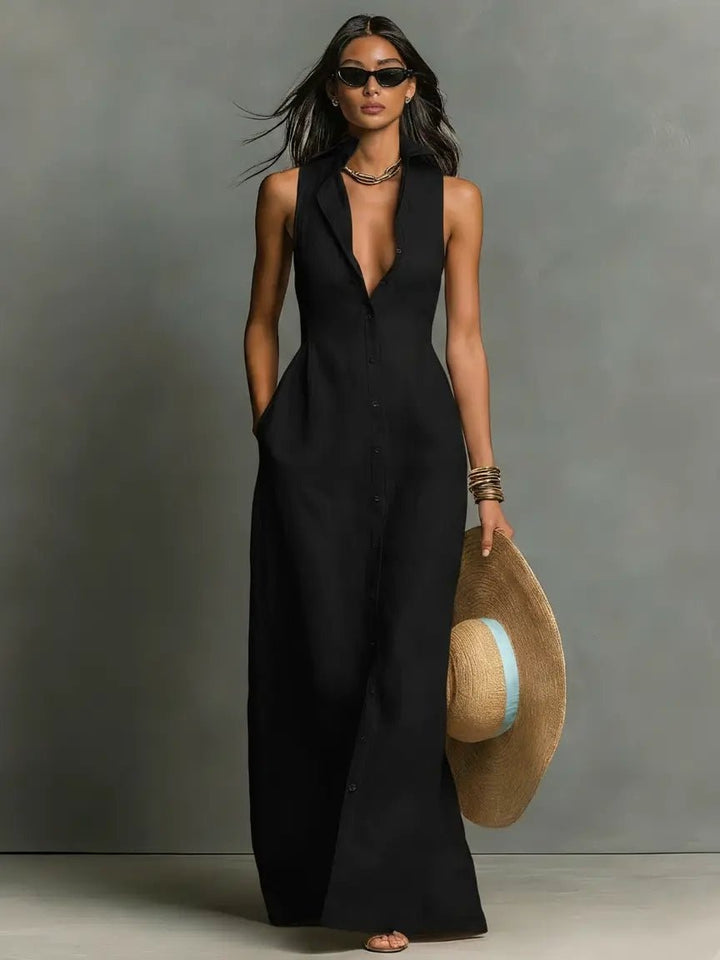 Zoe | Women's Sleeveless Linen Dress Button-Front Maxi Shirt Dress