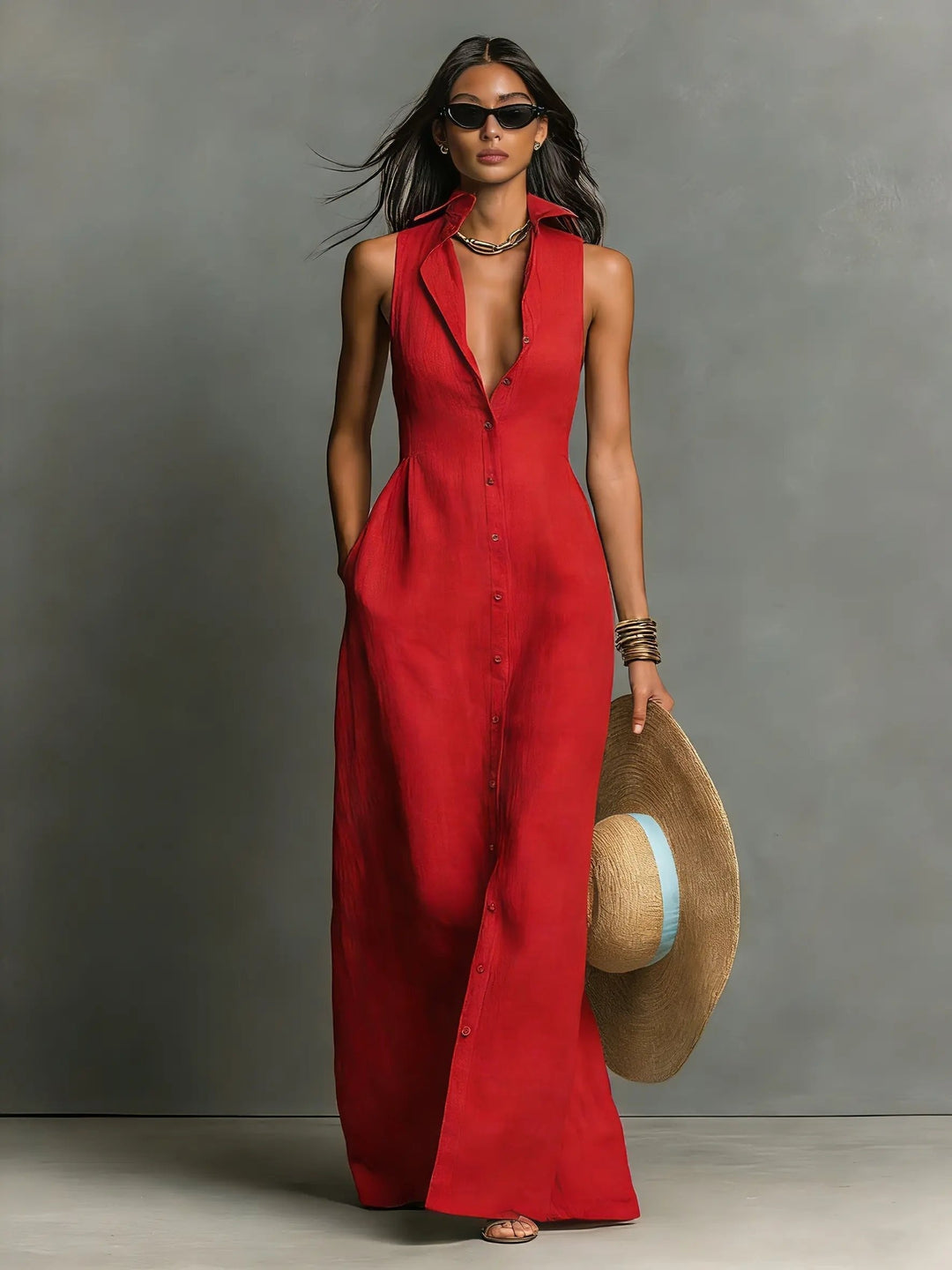 Zoe | Women's Sleeveless Linen Dress Button-Front Maxi Shirt Dress
