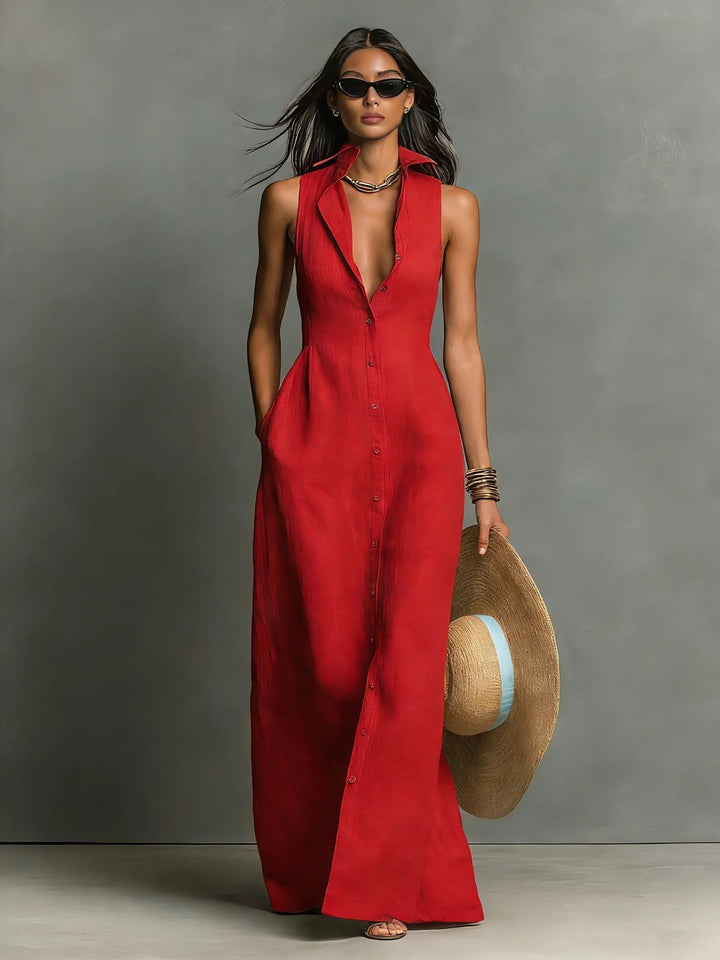 Zoe | Women's Sleeveless Linen Dress Button-Front Maxi Shirt Dress